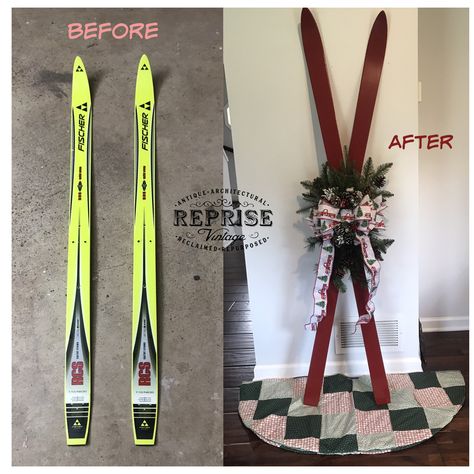 Old Skis Decor, Old Skis Ideas, Old Skis, Rustoleum Spray Paint, Red Spray Paint, Ski Decor, Truck Theme, Mail Gifts, Christmas Porch Decor