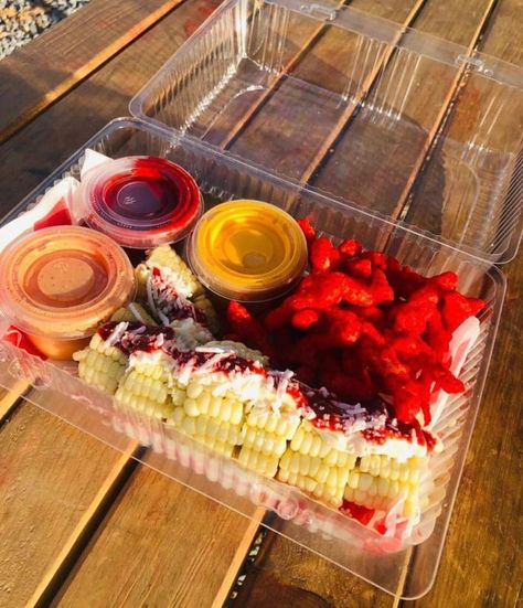 Preparado con elote, limon, sal, mantequilla, queso blanco, crema, chile, papitas a elegir e ingredientes extra (queso amarillo, crema, salsa casera). Precio: $50.00 Elote Preparado, Cobb Salad, Takeout Container, Salad, Candy, Snacks