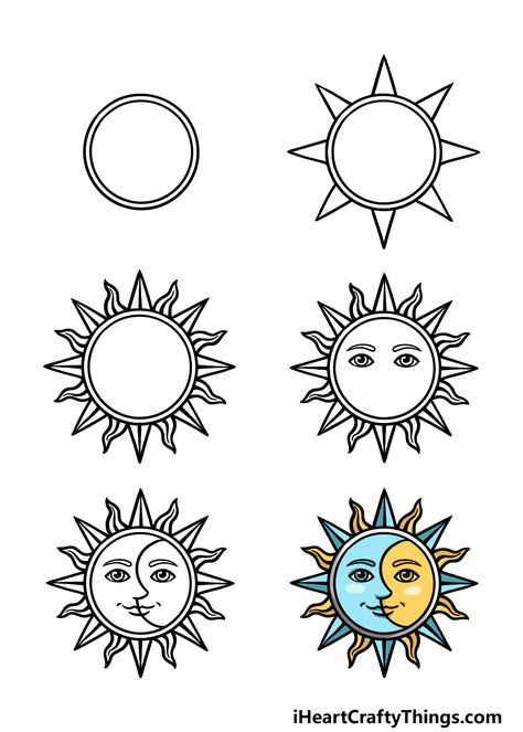 Sun Drawing Step By Step, Sun Moon Doodle, Sun Moon Drawing Simple, Sun And Moon Sketch Simple, Sun Drawing Tutorial, Sun And Moon Ceramics Pottery, Sun And Moon Painting Aesthetic, How To Draw A Sun Step By Step, How To Draw The Sun