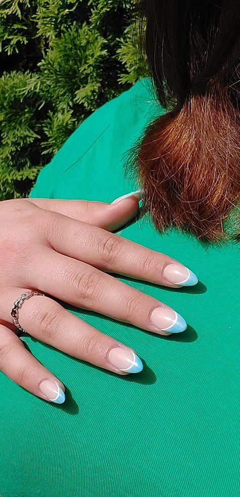 Blue With White French Tip Nails, Light Blue Tips Nails Almond, Cute Almond French Nails, Blue And White Hoco Nails, Blue And White French Tip Nails Almond, Blue And White French Tip Nails Acrylic, Light Blue French Tip Nails Almond Short, Light Blue Nails With White French Tips, French Tip With 2 Lines