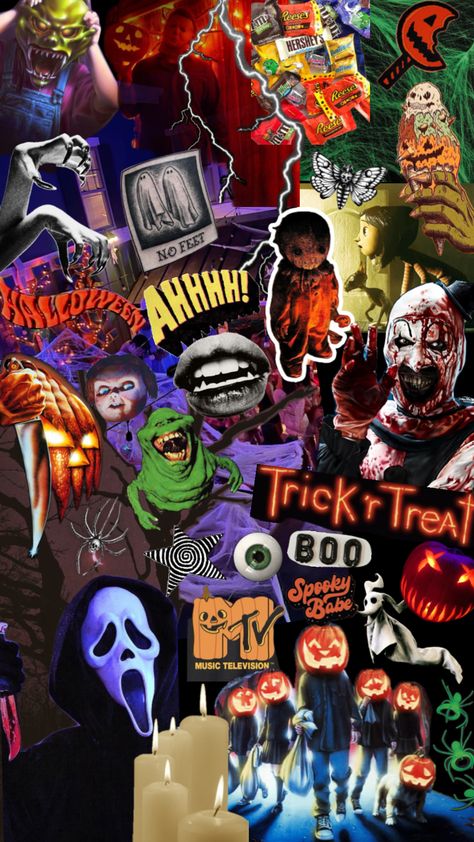 Halloween #halloween #trickrtreat #happyhalloween #spookyszn Spooky Music, Trippy Iphone Wallpaper, Movie Collage, Halloween Wallpaper Iphone Backgrounds, Horror Fanatic, Halloween Wallpaper Cute, Halloween Iii, Artistic Wallpaper, Horror Artwork