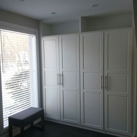 IKEA Pax wardrobes - cleverly built in with top shelves Ikea Tyssedal Wardrobe, Ikea Pax Tyssedal, Tyssedal Ikea, Ikea Tyssedal, Pax Ikea, Ikea Pax Closet, Bedroom Remodeling, Bedroom Built Ins, Guest Bedroom Remodel