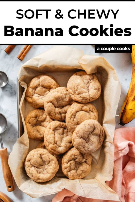 This banana cookies recipe is the best, hands down! Each bite is soft and chewy, infused with the rich flavor of brown butter and spiced with warm cinnamon. #banana #bananacookies #bananacookierecipe #bananarecipe #cookierecipe #easycookies #bananacookiesrecipe Banana Cookie Recipe, A Couple Cooks, Banana Bread Cookies, Diet Cookies, Cookies Soft, Banana Cookies, Couple Cooking, Baked Banana, Bread Recipes Sweet