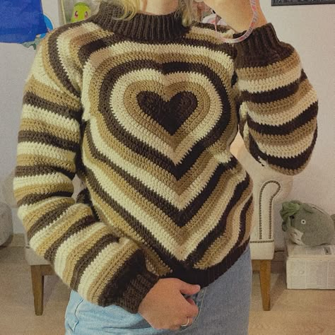 Crochet Heart Pattern Sweater, Crochet Heart Jumper, Aesthetic Crochet Sweater Ideas, Crochet Heart Sweater Pattern Free, Heart Sweater Crochet, Crochet Heart Sweater, Crochet Fall Decor, Cotton Crochet Patterns, Crochet Sweater Design