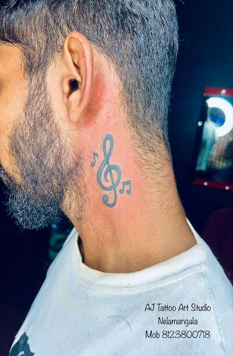 Music Symbol Tattoo Men, Music Neck Tattoo, Music Note Tattoo For Men, Music Symbol Tattoo, Aj Tattoo, Neck Tattoo Ideas, Thumb Tattoos, Feminine Skull Tattoos, Om Tattoo Design