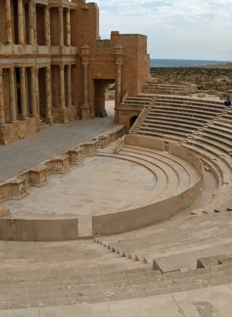 Theatre of Sabratha, Libya Greek Theatre Aesthetic, Sabratha Libya, Thebes Greece, Icarus Greek Mythology, Ancient Greek Theatre, Ancient Roman Architecture, Greek Theatre, Ancient Greek Architecture, Roman Architecture