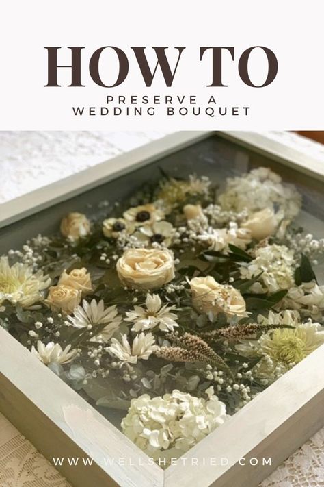 Preserving Wedding Bouquet, Wedding Flowers Preservation Ideas, Pressed Bouquet, Bouquet Shadow Box, Wedding Shadow Box, Diy Bridal Bouquet, Wedding Bouquet Preservation, Material Flowers, Floral Preservation