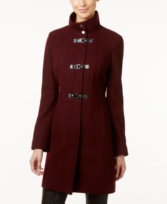 Kenneth Cole Faux-Leather-Trim Buckle-Front Walker Coat  | macys.com Only Fashion, Women's Coats & Jackets, Kenneth Cole, Black Coat, Stand Collar, Leather Trims, Vest Jacket, Coats For Women, Wool Blend