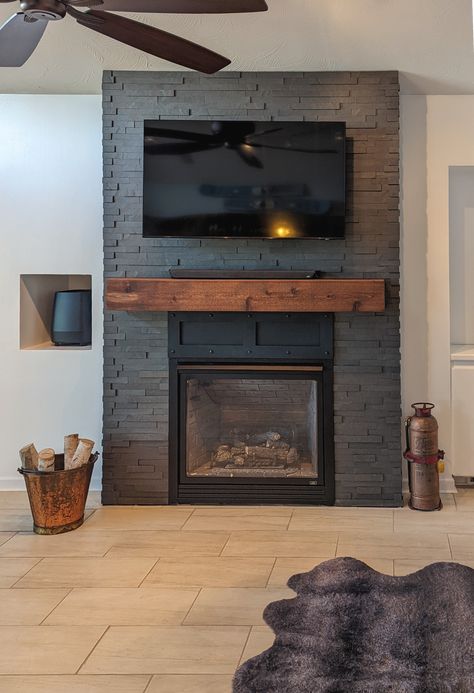 Slate Brick Fireplace, Slate Tile Surround Fireplace, Painted Slate Tile Fireplace, Fireplace Slate Surround, Slate Rock Fireplace, Slate Stone Fireplace, Slate Fireplace Makeover, Slate Wall Living Room, Slate Tile Fireplace