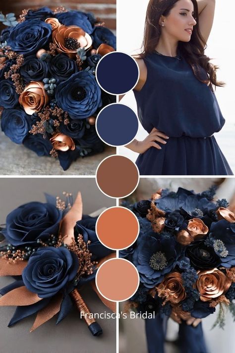 Navy Purple Color Palette, Teal Blue Wedding Theme, Fall Wedding Colors September, Navy Blue And Copper Wedding, Navy And Copper Wedding, Blue And Copper Wedding, Copper Wedding Colors, Winter Wedding Color Ideas, Wedding Theme Color Schemes