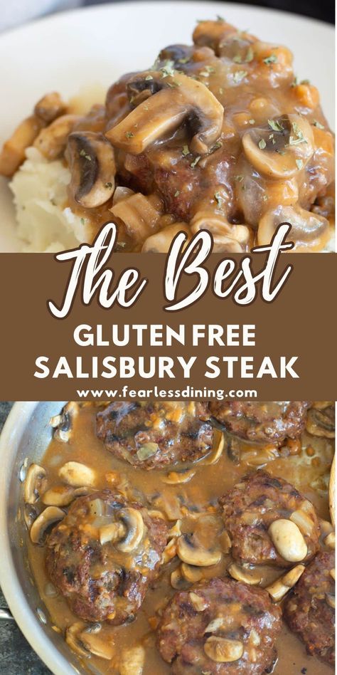 This drool-worthy Gluten Free Salisbury Steak recipe is pure comfort food. The Salisbury steak is smothered in savory mushroom gravy and best served over mashed potatoes. Make it in under 30 minutes. Gf Salisbury Steak, Gluten Free Salsberry Steak Recipes, Hamburger Recipes Gluten Free, Gluten Free Hamburger Meat Recipes, Gluten Free Beef Gravy, Gluten Free Salisbury Steak Recipe, Gluten Free Salisbury Steak, Gluten Free Hamburger Recipes, Chef Alina