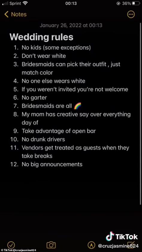 Bride reveals her list of wedding rules, including no garter toss and no kids | Daily Mail Online Wedding Rules For Guests Funny, Rules For My Wedding, Wedding Rules Tiktok, Wedding Guest Rules, Wedding Rules For Guests, Engagement Rules, Rules For Wedding, Mafia Wedding, Wedding Proposal Ideas Engagement