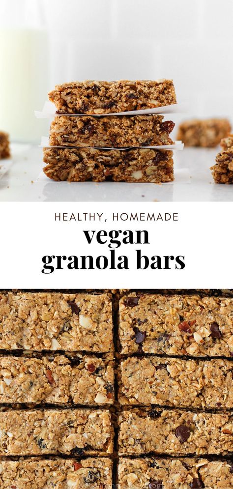 These homemade vegan granola bars are the perfect healthy snack to keep on hand. Packed with oats, peanut butter, nuts, seeds, dried fruit, and chocolate – what’s not to love? #vegangranolabars #homemadegranolabars #healthygranolabars #vegan #healthy #homemade #mealprep #healthysnack #granolabars #granola #glutenfree Oil Free Granola Bars, Raw Vegan Granola Bars, Raw Granola Bars, Wfpb Granola, Peanut Free Granola Bars, Vegan Granola Bar, Homemade Healthy Granola Bars, Vegan Granola Bar Recipe, Diy Granola Bars