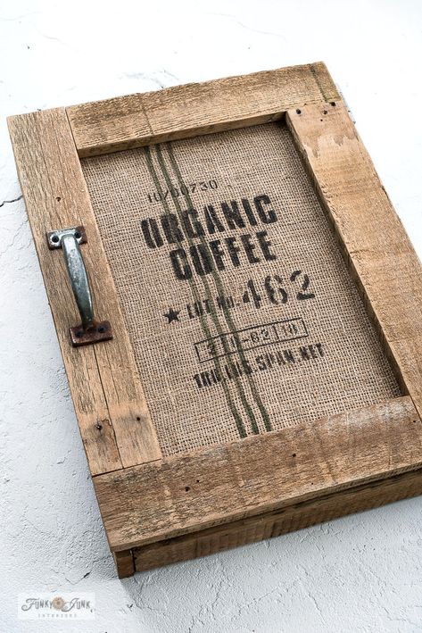 Learn how to build a rustically charming reclaimed wood Organic Coffee storage cabinet with a hidden bulletin board! Stylish storage that hides all the clutter! Made with Funky Junk's Old Sign Stencils. Click to read full tutorial. Paperwork Storage, Wood Coffee Bar, Rustic Coffee Shop, Rustic Storage Cabinets, Coffee Bar Cabinet, Burlap Signs, Unique Shelves, Funky Junk Interiors, Coffee Storage