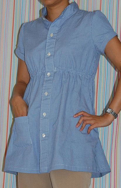 Refashion 11: Grainger Empire Waist Shirt from Men's Button Down Shirt by phthooey, via Flickr Empire Waist Shirt, Recycled Mens Shirt, Mens Shirt Refashion, Sewing Blouses, Upcycle Shirt, Upcycle Sewing, Trendy Sewing, Repurposed Clothing, Shirt Refashion