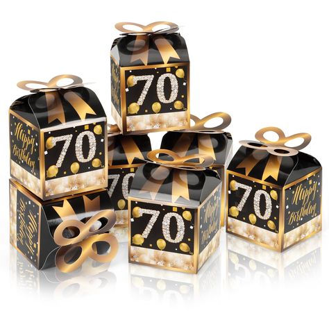 PRICES MAY VARY. Bow Boxes INCLUDE: 50 Adult 70th Birthday - Gold-themed square favor gift boxes. Each box SIZE measures 3.5 inches length x 3.5 inches width x 7 inches height. Bow boxes are ideal for small gifts and treats that are under 3.5 inches tall (height for storing items in closed box). When assembled and closed, each box creates a 3D paper bow-shaped top with a square bottom. CUTE GIFT BOXES: This small, closed favor box can be filled with homemade treats (fun cupcake box), party trink Birthday Thank You Gifts For Adults, Party Favors For Men Birthday, 70 Birthday Party Favor Ideas, Party Favors For 70th Birthday, 80 Birthday Party Favors, 70th Birthday Centerpieces For Men, 70th Bday Party Ideas For Dad, Fancy Birthday Party Ideas For Women, 70 Birthday Party Ideas Decorations