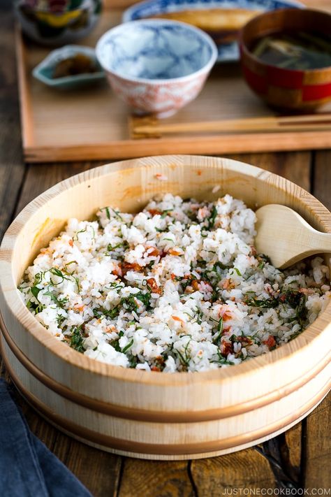 Refreshing Mixed Rice (Maze Gohan) with Japanese pickled plum (Umeboshi), shiso leaves (perilla), and toasted sesame seeds. #mazegohan #shiso #umeboshi | Easy Japanese Recipes at JustOneCookbook.com Perilla Leaves Recipes, Shiso Leaves Recipe, Umeboshi Recipe, Shiso Recipe, Pickled Plums, Shiso Leaves, Perilla Leaves, Japanese Meals, Rice Sushi