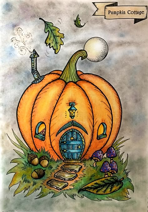 Pumpkin House Tattoo, Pumpkin Fairy House Drawing, Pumpkin Pencil Drawing, Pumpkin House Drawing, Fairy House Drawing, Pumpkin Houses, Pumpkin Fairy House, Animorphia Coloring Book, Pumpkin Drawing