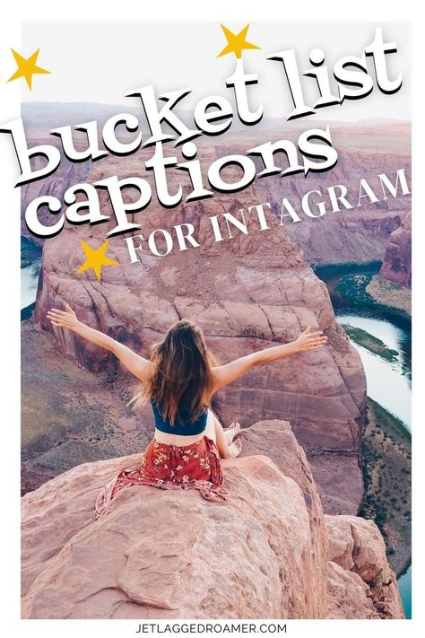 TEXT SAYS BUCKET LIST CAPTIONS FOR INSTAGRAM. WOMAN ALONE. Bucketlist Quotes Travel, Bucketlist Caption, Bucket List Instagram Captions, Bucket List Quotes Inspiration, Bucket List Captions For Instagram, Bucket List Captions, Travel Quotes Instagram, Adventure Captions, Concert Quotes