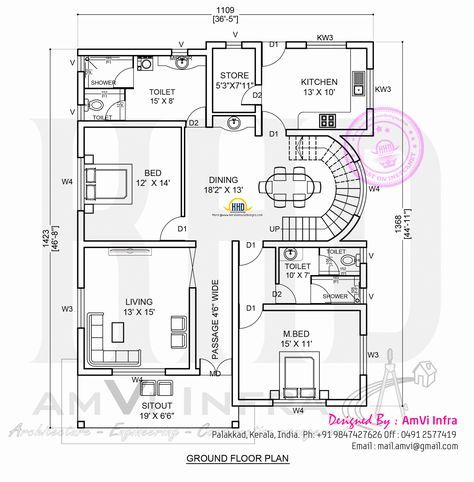 Free floor plan and elevation of 2927 square feet 5 BHK contemporary home design by AmVi Infra, Palakkad, Kerala Courtyard Floorplan, Houses Layout, Houses Modern, Duplex Floor Plans, 5 Bedroom House Plans, Three Bedroom House Plan, Duplex Plans, Indian House Plans, Bedroom Contemporary