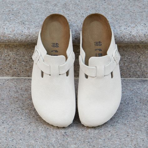 Birkenstock Boston Antique White, Boston Birkenstock, Birkenstock Boston Suede, Elemental Blue, Birkenstock White, White Birkenstocks, Buy Sneakers, Fred Segal, Mens Clogs