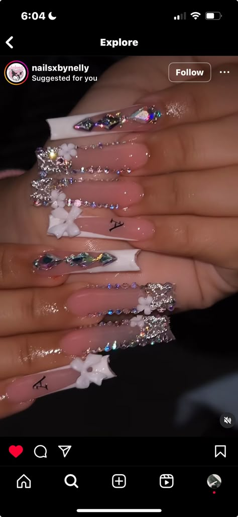 Long Blinged Out Nails, Extra Long Acrylic Nails Bling, Square Nails With Gems, Long Bling Acrylic Nails, Cute Bling Nails, Bling Out Nails, Extra Baddie Nails, Acrylic Nails Extra, Full Bling Nails