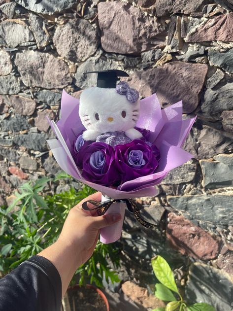 Perfect gift for your graduate! Mini Bouquet with a Kitty Plush  6ct Eternal Roses made of Satin Ribbon  As is * Spooky Hello Kitty Bouquet, Mini Bouquets, Hello Kitty Graduation Gift, Sanrio Graduation Bouquet, Hello Kitty Bouquet Ribbon, Hello Kitty Graduation Plush, Hello Kitty Merchandise, Miss Kitty, Hello Kit