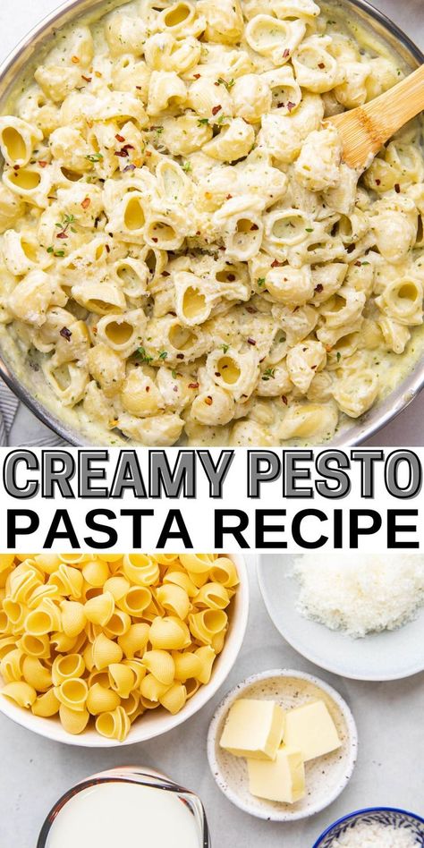 Top photo: Creamy Pasta with a wooden spoon in a skillet. Bottom Photo: Separate ingredients to make creamy pesto pasta. Instant Pot Recipes Simple, Ground Beef Instant Pot Recipes, Ground Beef Instant Pot, Beef Instant Pot Recipes, Creamy Pesto Pasta Recipe, Pesto Dinner, Healthy Meals For Family, Reheat Pasta, Pasta With Ground Beef