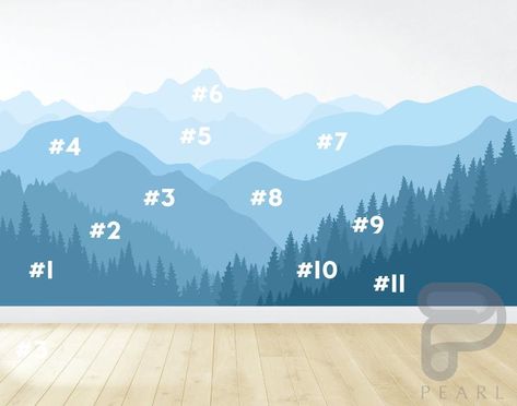 Diy Mountain Mural, Mountain Wall Painting, Mountain Wall Mural, Mountain Mural, Custom Wall Decals, Forest Wall Mural, Bedroom Murals, Wall Murals Painted, Forest Wall