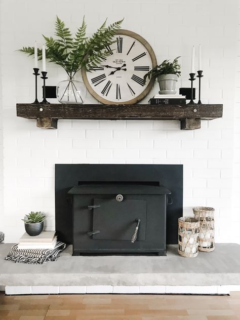 Decorate Large Fireplace Mantle, Over Chimney Decor, Fireplace Makeover Modern Farmhouse, Masculine Mantle Decor, Industrial Farmhouse Mantle Decor, Stone Fireplace Decor With Tv, Living Room Mantle Decor Modern, Clock Above Fireplace Mantels, Fireplace Mantle Decor With Large Clock