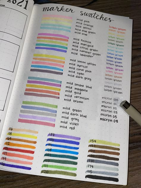 Marker Swatch Ideas, Pen Test Page, Marker Swatches, Journal Markers, Bullet Journal Markers, Copic Marker Color Chart, Pen Test, Swatch Book, Reference Page