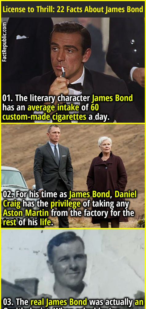 01. The literary character James Bond has an average intake of 60 custom-made cigarettes a day. Octopussy James Bond, James Bond Aesthetic, James Bond Characters, James Bond Goldfinger, New James Bond, Bond Series, Fact Republic, Literary Characters, Mechanical Engineering