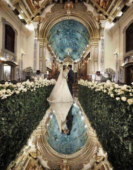 Mirrored Aisle, Reflective Floor, Talavera Wedding, Oaxaca Wedding, Gothic Fairytale, Wedding Venues Church, Wedding Church Decor, Flower Backdrop Wedding, Enchanted Garden Wedding