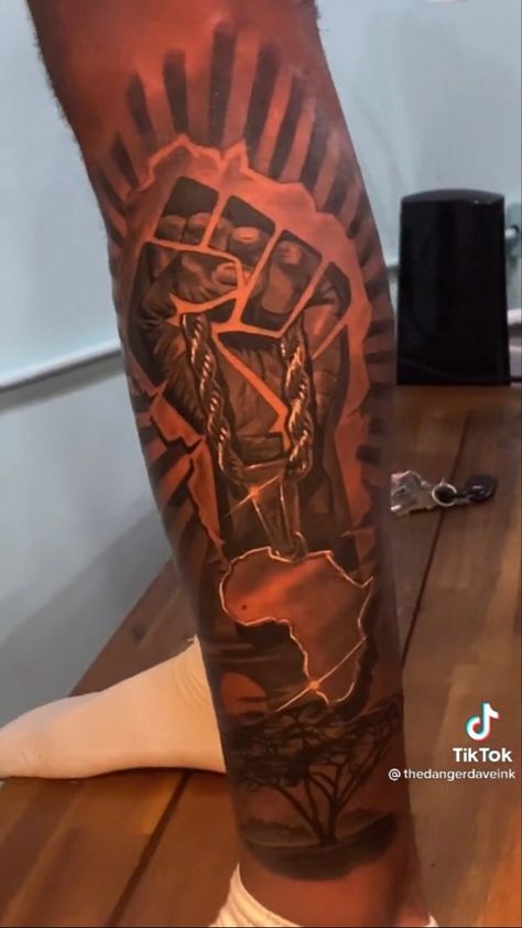 African Leg Sleeve Tattoo, African Tattoo Ideas For Men Forearm, African Themed Tattoos Sleeve, Blm Leg Sleeve, African Arm Tattoo, African Leg Tattoo Men, Deep Tattoo Ideas Men, Nigerian Tattoo Ideas Men, Back Tattoos For Black Guys