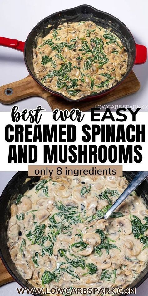 Whip up this quick and delicious creamed spinach and mushrooms – a perfect low-carb side dish for any meal. With perfectly seared mushrooms smothered in a creamy garlic spinach sauce, it's ready in under 20 minutes, making it a family favorite even for picky eaters. Easy Creamed Spinach, Spinach Cream Sauce, Creamy Spinach Sauce, Low Carb Side Dish, Creamed Spinach Recipe, Low Carb Side, Spinach Sauce, Spinach And Mushrooms, Mushroom Cream Sauces