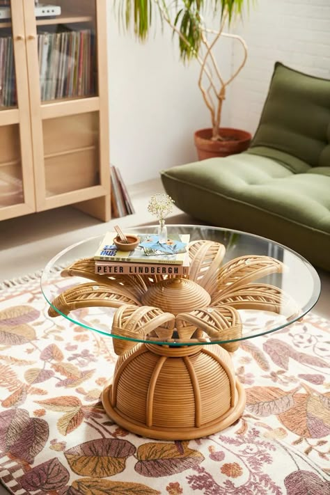 Flower Rattan Coffee Table | Urban Outfitters Tropical Theme Home Decor, Artsy Apartment Decor, Flower Coffee Table, Coffee Table Urban Outfitters, Coffee Table Pouf, Urban Outfitters Furniture, Boho Coffee Table, Bohemian Coffee Table, Tropical Chic Decor