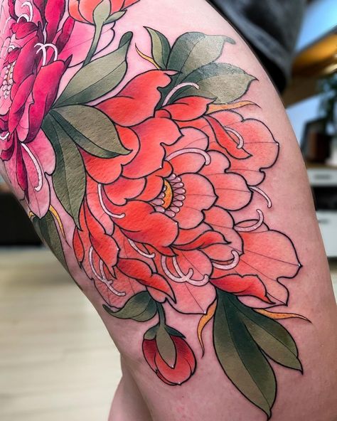 Thank you Jamie-Lee for this peonies 💗🧡 Done during my guest in Toronto at @lamanigancetattootoronto ✨ • #tattoo #tattoos #peony… | Instagram Peony Leaves Tattoo, Peony Neotraditional Tattoo, Peony Bud Tattoo, Neotraditional Peony Tattoo, Japanese Peony Tattoo, Peony Flower Tattoos, Peony Drawing, Neo Tattoo, Peony Design