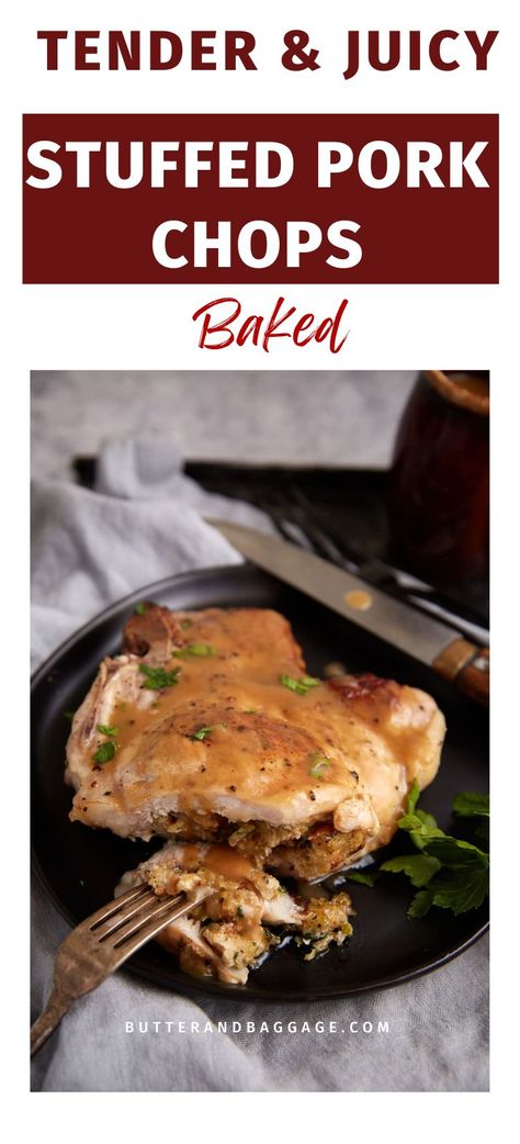 An oven baked stuffed pork chop with gravy on a plate. Stuffed Pork Chop Recipes Baked, Stuffed Pork Chops Baked In Oven, Easy Stuffed Pork Chops, Chicken Marsala Meatballs, Marsala Meatballs, Baked Stuffed Pork Chops, Best Pork Tenderloin, Sausage And Gravy, Best Pork Tenderloin Recipe