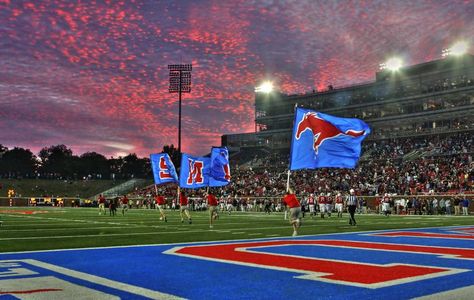 SMU Southern Methodist University Mustangs - flags at night at Gerald J Ford Stadium Southern Methodist University Aesthetic, Smu Campus, Smu Football, Smu Mustangs, College Goals, Cheer Signs, Southern Methodist University, College Apparel, Fall Football