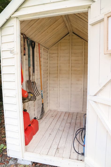 Small shed organisation. Small Shed Paint Ideas, Small Garden Shed Organization, Shed Organisation Ideas, Painted Shed Interior, Small Shed Makeover, Outside Shed Decor, Resin Shed Makeover, Inside Shed Ideas Storage, Storage Shed Interior Ideas