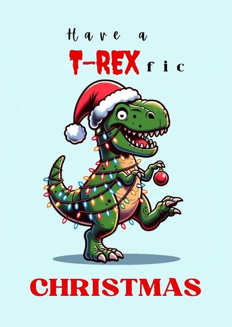 Celebrate the holiday season with a roar using this delightful dinosaur-themed Christmas card featuring a T-Rex wrapped in festive lights and donning a Santa hat. Perfect for adding a touch of prehistoric fun to your holiday greetings. Christmas Dinosaur Drawing, Lunch Pics, Tree Rex Christmas, Dinosaur Christmas Decorations, Dino Christmas, Beer Ideas, Geek Christmas, Christmas Dinosaur, Uplifting Bible Verses