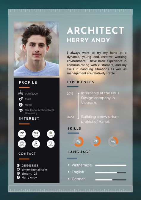 Architectural Cv Template, Architect Profile Design, Cv For Photographer, Cv Ideas For Students, Cv Design For Architects, Interior Designer Resume For Fresher, Resume Interior Design, Architecture Cv Design Creative Cv, Cv For Architects