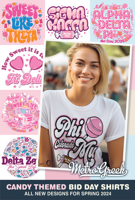 Sorority Bid Day Shirts | Candy Bid Day Shirts | MetroGreek | Sorority Recruitment | Candyland | Kappa Alpha Theta | Sigma Kappa | Alpha Delta Pi | Tri Delta | Delta Zeta | Phi Mu | Willy Wonka | Sweets Candy Sorority Shirt, Bid Day Shirts, Sorority Shirt, Sorority Bid Day, Tri Delta, Candy Theme, Kappa Alpha Theta, Alpha Delta Pi, Alpha Delta