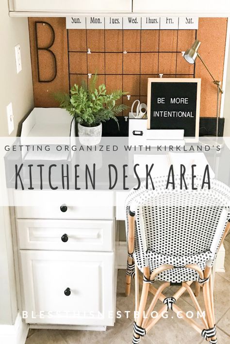 Desk Area Organization, Kitchen Desk Area, Kitchen Office Nook, Kitchen Desk Organization, Small Desk Area, Kitchen Desk Areas, Organization Goals, French Bistro Chairs, Desk Kitchen