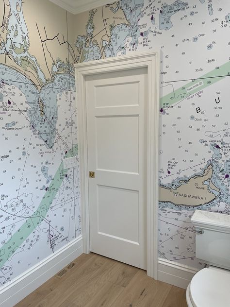 Nautical Bathroom & Powder Room Gallery — Nautical Chart Wallpaper The Original Nautical Chart Wallpaper Studio Chart Wallpaper, Coastal Powder Room, Coastal Bathroom Decor, Bathroom Powder Room, Wallpaper Studio, Powder Room Remodel, Downstairs Cloakroom, Porthole Mirror, Nautical Bathroom