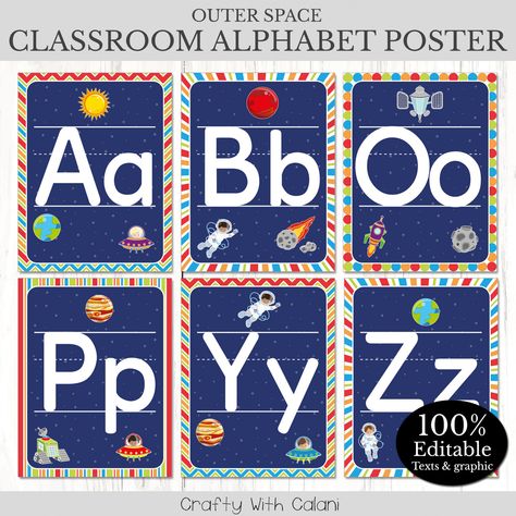 "Help your students to learn the alphabet with these alphabet posters in adventurous outer space theme. Decorate your classroom wall with these solar system alphabet posters to create visually engaging yet functional learning materials that will delight little learners and help them master the alphabet in no time. These printable galaxy alphabet posters will look great as a wall display in the classroom, classroom library, or anywhere you want!  100% EDITABLE  This set comes in Microsoft Power Point file and formatted in letter size paper. All the graphic elements in this set are 100% editable.   PRODUCT DETAILS  ♥ 26 pages - 11.5\" x 8.5\" posters in editable pptx format ♥ 26 pages - 11.5\" x 8.5\" posters in ready to print pdf format Print as 4 per page and use it as flash cards.  BUNDLE Space Alphabet Activities, Outer Space Classroom Theme, Classroom Galaxy Theme, Space Alphabet, Galaxy Classroom Theme, Space Classroom Theme, Space Themed Classroom, Space Fonts Alphabet, Space Themed Letters