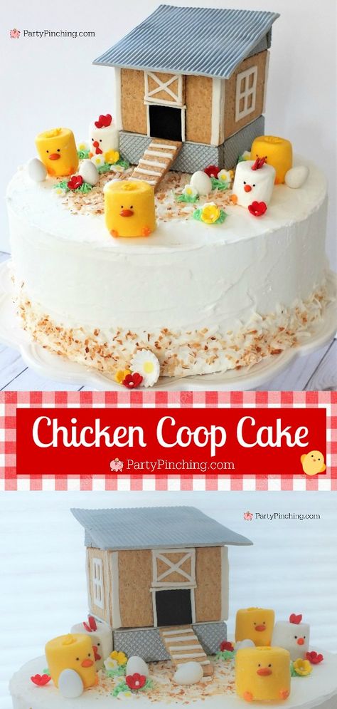 Easy Chicken Birthday Cake, Chicken Coop Cake, Chicken Cake Topper Printable, Chicken Party Theme, Chicken Cakes Birthday, Fondant Chicken, Chicken Cakes, Best Chicken Recipe, Graham Cracker Gingerbread