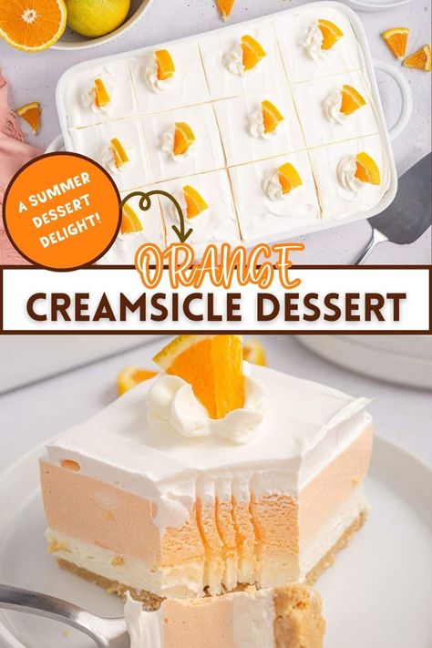 These no-bake Orange Creamsicle Bars are an easy and delightful dessert. With a buttery Oreo crust, creamy orange filling, and fluffy whipped topping, each bite will be loved by the whole family. Whip them up with just a few simple steps for a refreshing treat that's perfect for any occasion but especially delicious for summer! Orange Creamsicle Dessert, Creamsicle Dessert, Creamsicle Bars, Creamsicle Recipes, Orange Recipes Dessert, Orange Filling, Easy Impressive Dessert, Homemade Whipped Cream Recipe, Cake Mix Cookie Bars