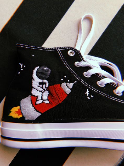 Hand Embroidered Space Converse Shoes  Made by @heyoldschoolthreads Space Converse, Embroidered Space, Shoe Crafts, Vans High Top Sneaker, Vans Sk8, Vans Authentic Sneaker, Converse Shoes, Vans Sneaker, Hand Embroidered