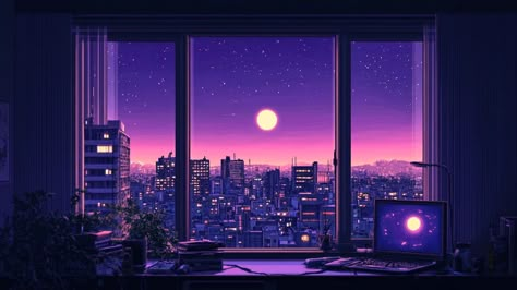 8 bit style background image where the view is from inside an apartment's window, overlooking a night sky landscape. use dark colors like purple --v 6.1 Wallpaper Backgrounds For Windows 10, Purple Windows Wallpaper, Lofi Background Desktop, Purple Background Pc, Windows Lockscreen, Windows Screensaver, Youtube Green Screen, Echo Wallpaper, Sky Apartment